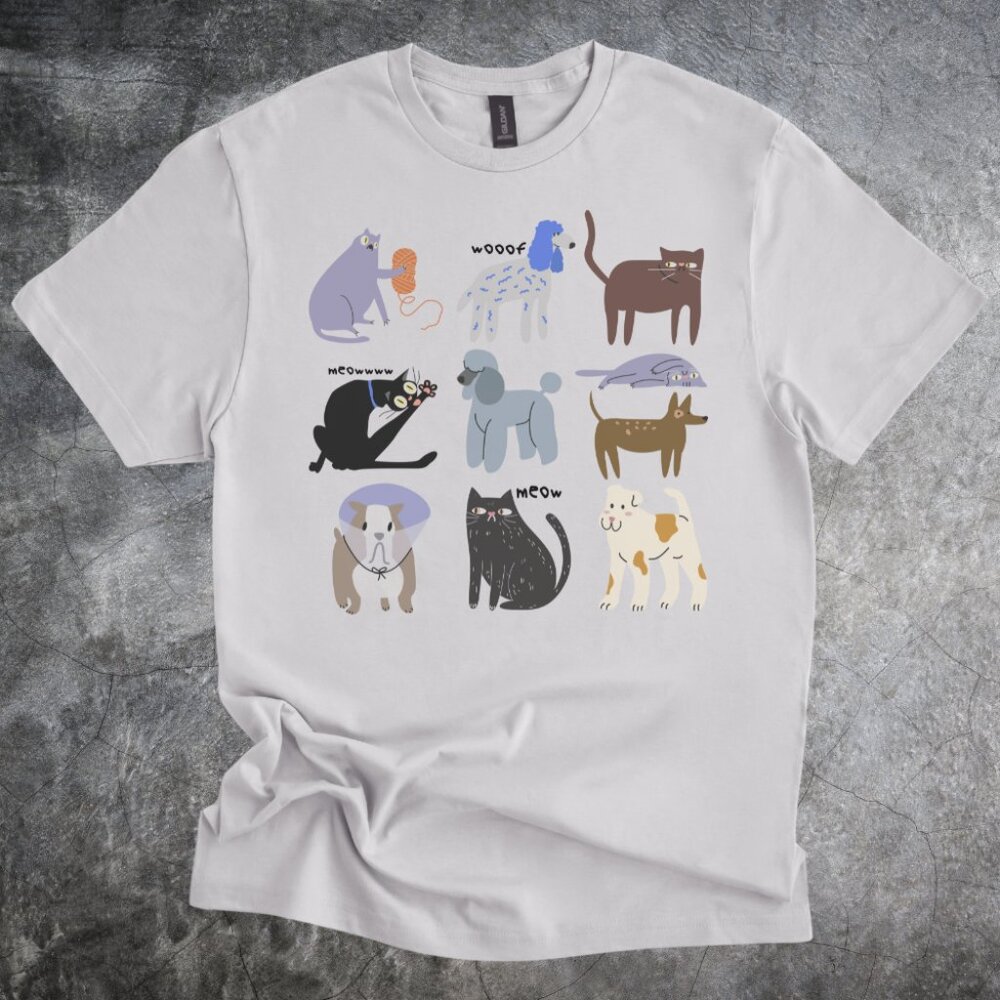 Cats Dogs Shirt Animal Illustration Graphic Tshirt Cotton Crewneck Gray